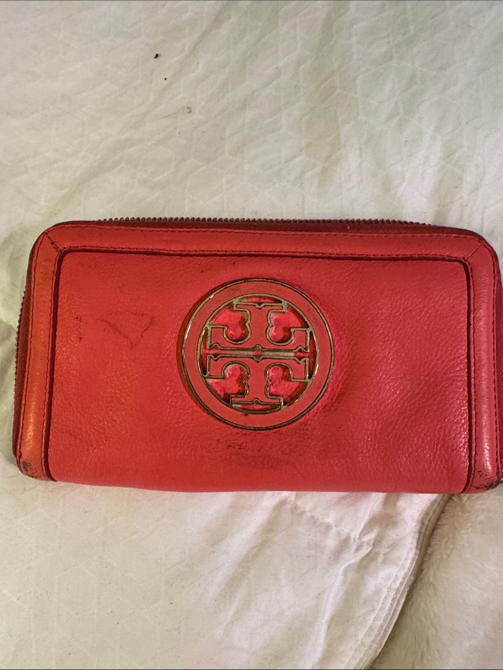 Tory Burch Coral-Red Zip Around Wallet with Logo